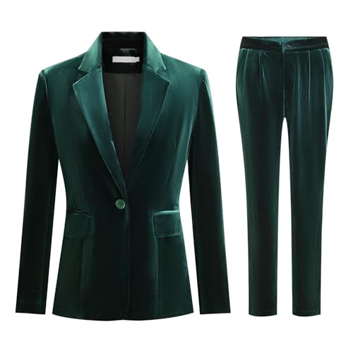 YYNUDA 2-teiliges Outfit Damen Samt Blazer Hosenanzug Set Elegant Anzug Büro Slim Fit Stretch Business Mit Taschen Einfarbig Festlich Streetwear Anzüge Casual Dunkelgrün 2XL von YYNUDA