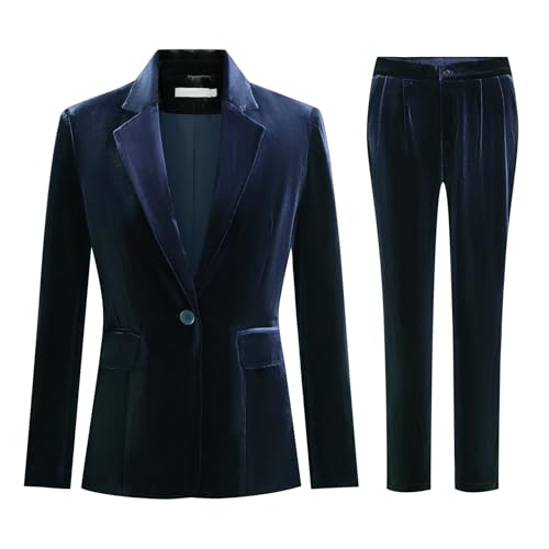 YYNUDA 2-teiliges Outfit Damen Samt Blazer Hosenanzug Set Elegant Anzug Büro Slim Fit Stretch Business Mit Taschen Einfarbig Festlich Streetwear Anzüge Casual Marine L von YYNUDA