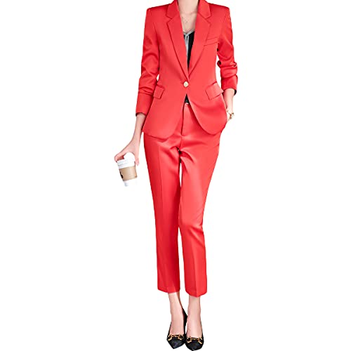 YYNUDA Anzug Set Damen Blazer mit Hose Slim Fit Hosenanzug Elegant Business Office Rot L von YYNUDA