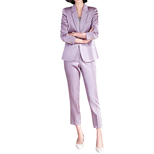 YYNUDA Anzug Set Damen Blazer mit Hose Slim Fit Hosenanzug Elegant Business Office Violett L von YYNUDA