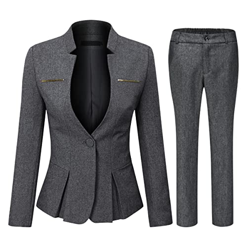 YYNUDA Anzug Set Damen Blazer mit Rock/Hose Slim Fit Hosenanzug Elegant Business Outfit für Office Dunkelgrau+Hose S von YYNUDA