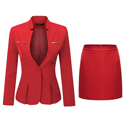 YYNUDA Anzug Set Damen Blazer mit Rock/Hose Slim Fit Hosenanzug Elegant Business Outfit für Office L Rot+Rock von YYNUDA