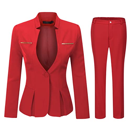 YYNUDA Anzug Set Damen Blazer mit Rock/Hose Slim Fit Hosenanzug Elegant Business Outfit für Office Rot+Hose S von YYNUDA