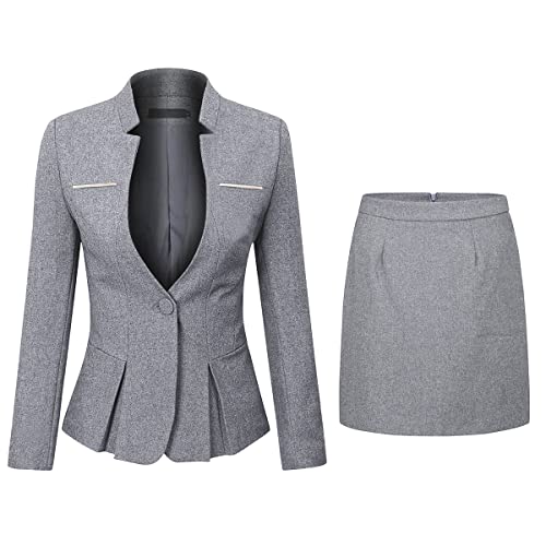 YYNUDA Anzug Set Damen Blazer mit Rock/Hose Slim Fit Hosenanzug Elegant Business Outfit für Office S Hellgrau+Rock von YYNUDA