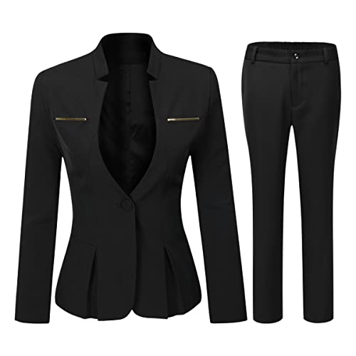 YYNUDA Anzug Set Damen Blazer mit Rock/Hose Slim Fit Hosenanzug Elegant Business Outfit für Office Schwarz+Hose XXL von YYNUDA