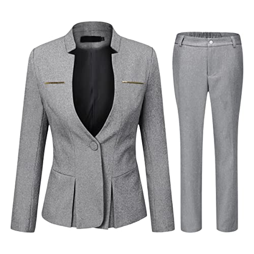YYNUDA Anzug Set Damen Blazer mit Rock/Hose Slim Fit Hosenanzug Elegant Business Outfit für Office Hellgrau+Hose M von YYNUDA