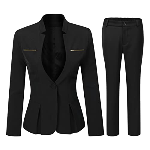 YYNUDA Anzug Set Damen Blazer mit Rock/Hose Slim Fit Hosenanzug Elegant Business Outfit für Office Schwarz+Hose XL von YYNUDA