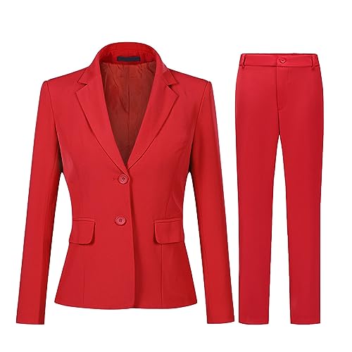 YYNUDA Anzug Set Damen Business Hosenanzug Slim Fit Blazer mit Anzughosen Elegant für Office Hochzeit Rot XS von YYNUDA