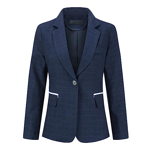 YYNUDA Blazer Damen Elegant Sportlich Longblazer Kariert Casual Sakko Karomuster Business Jacke Blau XXL von YYNUDA