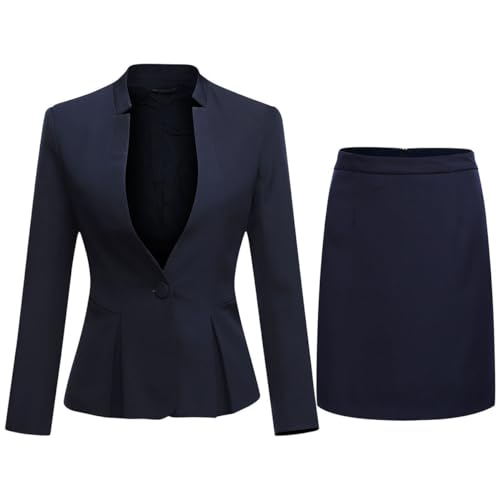 YYNUDA Damen Anzug 2-teilig Stehkragen EIN Knopf Hosenanzug Set solide Farbe Business Blazer + Rock Blau L von YYNUDA