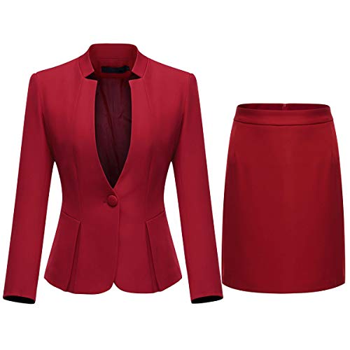 YYNUDA Damen Anzug 2-teilig Stehkragen EIN Knopf Hosenanzug Set solide Farbe Business Blazer + Rock Rot L von YYNUDA