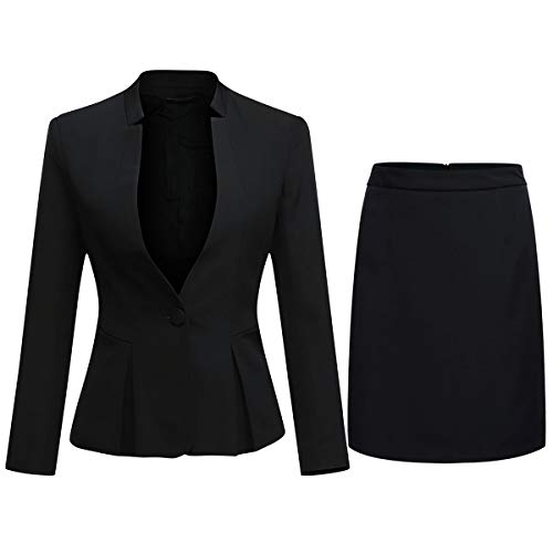 YYNUDA Damen Anzug 2-teilig Stehkragen EIN Knopf Hosenanzug Set solide Farbe Business Blazer + Rock Schwarz L von YYNUDA