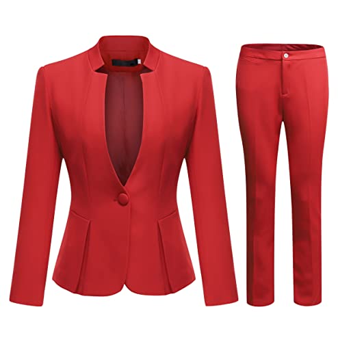 YYNUDA Damen Anzug 2-teilig Stehkragen EIN Knopf Hosenanzug solide Farbe Business Blazer + Hose,Rot,L von YYNUDA