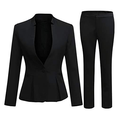 YYNUDA Damen Anzug 2-teilig Stehkragen EIN Knopf Hosenanzug solide Farbe Business Blazer + Hose,Schwarz,M von YYNUDA