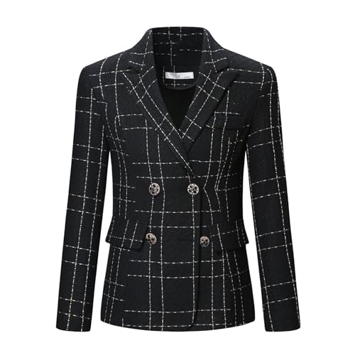 YYNUDA Damen Anzug Blazer Tweed Elegant Blazer Jacke Plaid Casual Langarm Damen Sakko Für Büro Schwarz L von YYNUDA