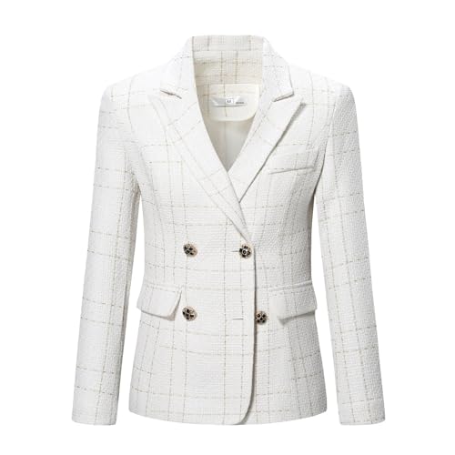 YYNUDA Damen Anzug Blazer Tweed Elegant Blazer Jacke Plaid Casual Langarm Damen Sakko Für Büro Weiß M von YYNUDA