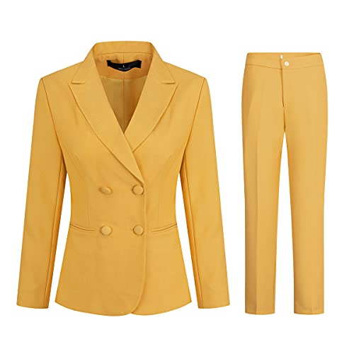 YYNUDA Damen Anzug Business Hosenanzug Eleganter Slim Fit Zweireihiger Büro Blazer + Hose,Gelb,L von YYNUDA