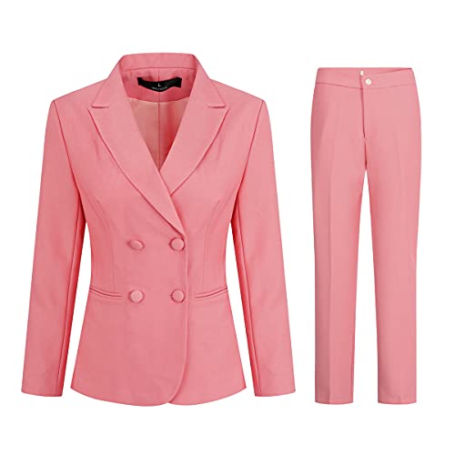 YYNUDA Damen Anzug Business Hosenanzug Eleganter Slim Fit Zweireihiger Büro Blazer + Hose,Rosa,XL von YYNUDA