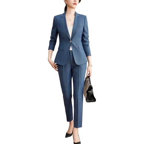 YYNUDA Damen Hosenanzug Elegant Business Anzug Set EIN-Knopf-Anzug Büro Blazer Hose 2-teilig Anzug Blau L von YYNUDA