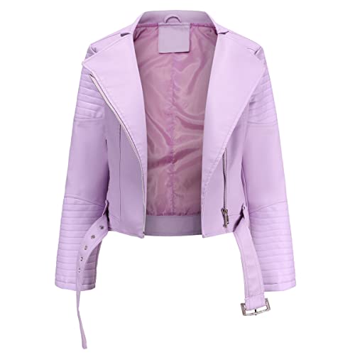 YYNUDA Damen Lederjacke Kurz Bikerjacke Reverskragen Reißverschluss Leder Jacke Lackleder Jacke Kurz Übergangsjacke（Lila 3XL） von YYNUDA