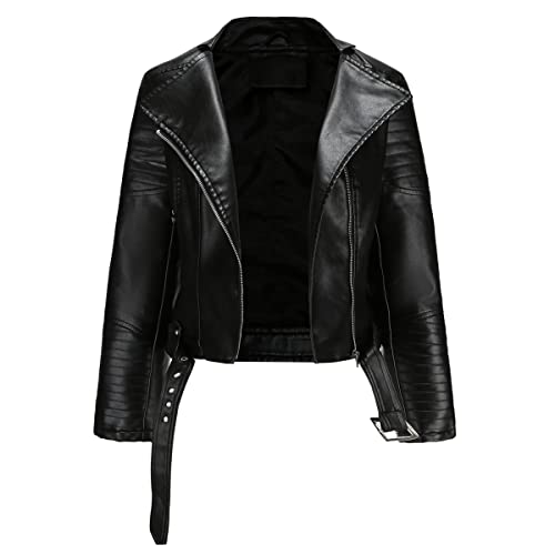 YYNUDA Damen Lederjacke Kurz Bikerjacke Reverskragen Reißverschluss Leder Jacke Lackleder Jacke Kurz Übergangsjacke（Schwarz M） von YYNUDA