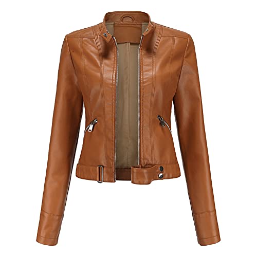 YYNUDA Damen Lederjacke Kurz Bikerjacke Reverskragen Reißverschluss Leder Jacke Lackleder Übergangsjacke Kurze（Braun 3XL） von YYNUDA