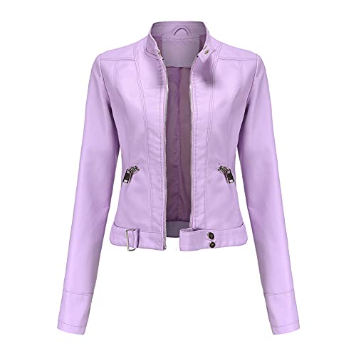 YYNUDA Damen Lederjacke Kurz Bikerjacke Reverskragen Reißverschluss Leder Jacke Lackleder Übergangsjacke Kurze（Hellviolett M） von YYNUDA