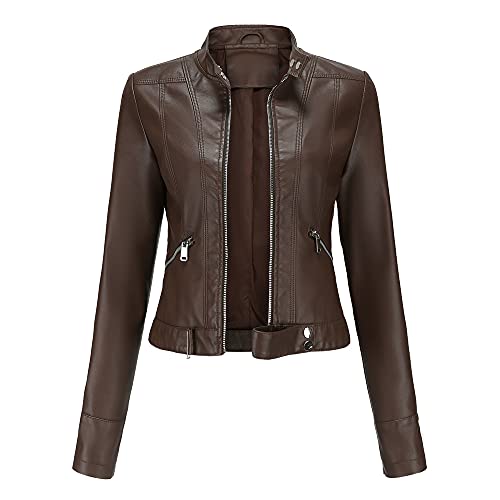 YYNUDA Damen Lederjacke Kurz Bikerjacke Reverskragen Reißverschluss Leder Jacke Lackleder Übergangsjacke Kurze（Kaffee L） von YYNUDA