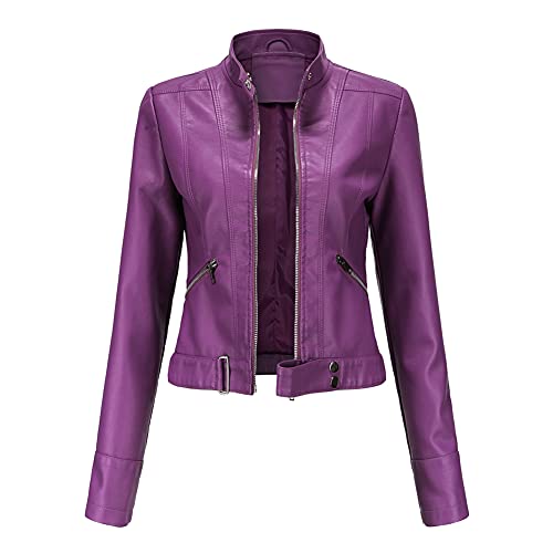 YYNUDA Damen Lederjacke Kurz Bikerjacke Reverskragen Reißverschluss Leder Jacke Lackleder Übergangsjacke Kurze（Lila L） von YYNUDA