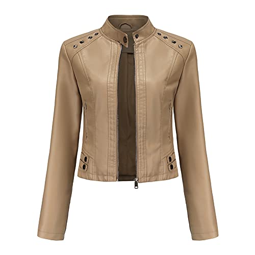 YYNUDA Damen Lederjacke Kurz Bikerjacke Stehkragen Reißverschluss Leder Jacke Übergangsjacke für Herbst Frühling（Beige M） von YYNUDA