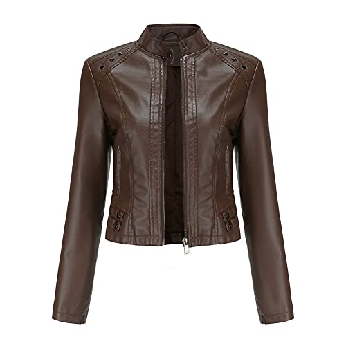 YYNUDA Damen Lederjacke Kurz Bikerjacke Stehkragen Reißverschluss Leder Jacke Übergangsjacke für Herbst Frühling（Kaffee 3XL） von YYNUDA