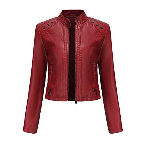 YYNUDA Damen Lederjacke Kurz Bikerjacke Stehkragen Reißverschluss Leder Jacke Übergangsjacke für Herbst Frühling（Rot 3XL） von YYNUDA