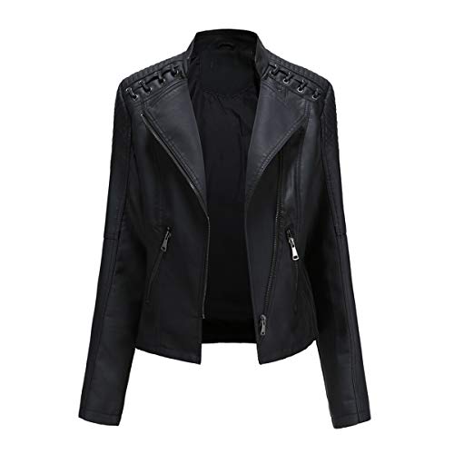 YYNUDA Lederjacke Damen Kurz Bikerjacke Reverskragen Motoradjacke Leder Jacke Übergangsjacke für Frühling Herbst（Schwarz 4XL） von YYNUDA