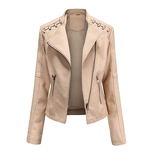 YYNUDA Lederjacke Damen Kurz Bikerjacke Reverskragen Motoradjacke Leder Jacke Übergangsjacke für Frühling Herbst（Beige 3XL） von YYNUDA