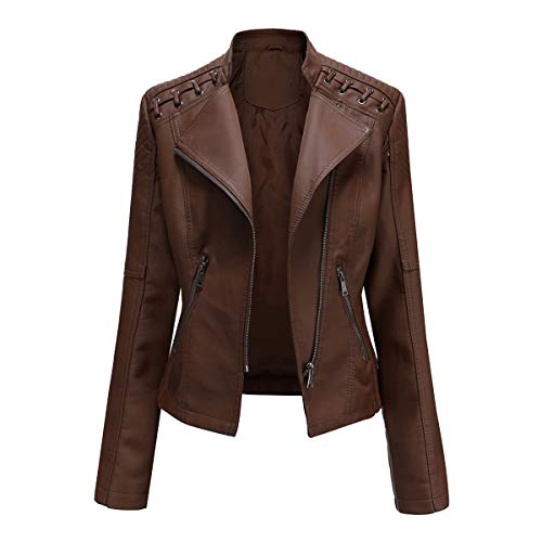 YYNUDA Lederjacke Damen Kurz Bikerjacke Reverskragen Motoradjacke Leder Jacke Übergangsjacke für Frühling Herbst（Kaffee 3XL） von YYNUDA