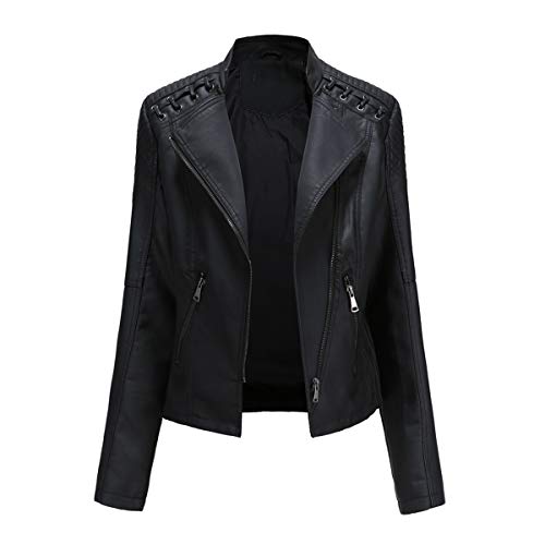 YYNUDA Lederjacke Damen Kurz Bikerjacke Reverskragen Motoradjacke Leder Jacke Übergangsjacke für Frühling Herbst（Schwarz M） von YYNUDA