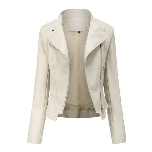YYNUDA Damen Lederjacke Kurz Bikerjacke Reverskragen Reißverschluss Leder Jacke Übergangsjacke Kurze Jacke Beige L von YYNUDA