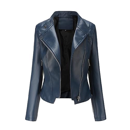 YYNUDA Damen Lederjacke Kurz Bikerjacke Reverskragen Reißverschluss Leder Jacke Übergangsjacke Kurze Jacke Blau L von YYNUDA