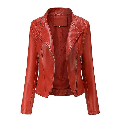 YYNUDA Damen Lederjacke Kurz Bikerjacke Reverskragen Reißverschluss Leder Jacke Übergangsjacke Kurze Jacke Rot S von YYNUDA