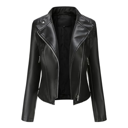 YYNUDA Damen Lederjacke Kurz Bikerjacke Reverskragen Reißverschluss Leder Jacke Übergangsjacke Kurze Jacke Schwarz XL von YYNUDA