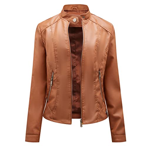 YYNUDA Damen Lederjacke mit Stehkragen PU-jacke Flieger Motorrad schicke Retro Übergangsjacke Braun 3XL von YYNUDA