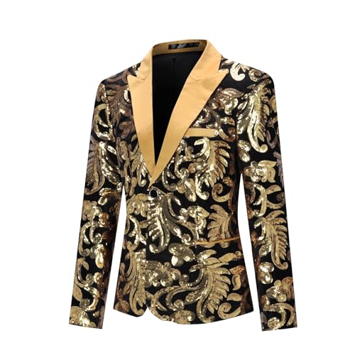 YYNUDA Damen Pailletten Blazer Casual Langarm Anzugjacke Glitzer Sakko Blumenmuster für Party Abschlussball Gold M von YYNUDA