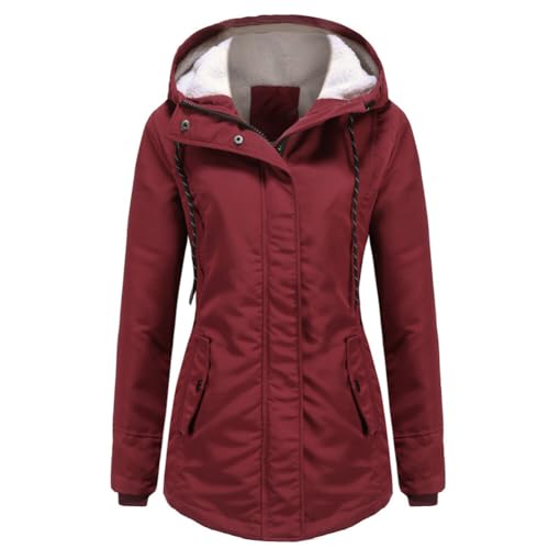 YYNUDA Damen Parka Winterjacke Lang mit Fell Kapuze warm gefüttert Slim Fit Mantel Outdoor Jacke für Winter, Rot, L von YYNUDA