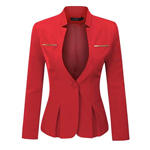 YYNUDA Damen Slim Fit Blazer Sommer Elegant Anzugjacke mit EIN Knopf Kurz für Office Business,Rot,L von YYNUDA