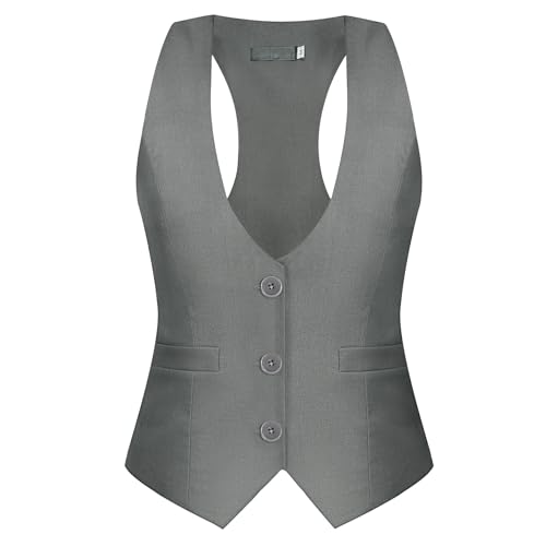 YYNUDA Damen Weste Slim Fit Anzugweste Outdoor Weste Gilet Elegant Moderne Weste mit V-Ausschnitt Grau L von YYNUDA