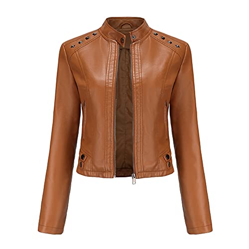 YYNUDA Damen Lederjacke Kurz Bikerjacke Stehkragen Reißverschluss Leder Jacke Übergangsjacke für Herbst Frühling（Braun L） von YYNUDA