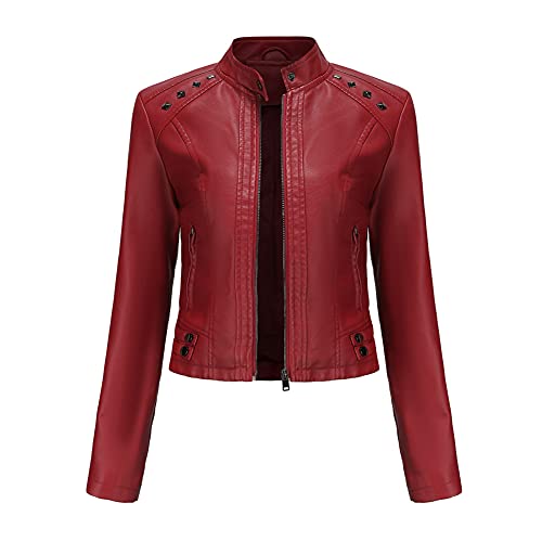 YYNUDA Damen Lederjacke Kurz Bikerjacke Stehkragen Reißverschluss Leder Jacke Übergangsjacke für Herbst Frühling（Rot XS） von YYNUDA