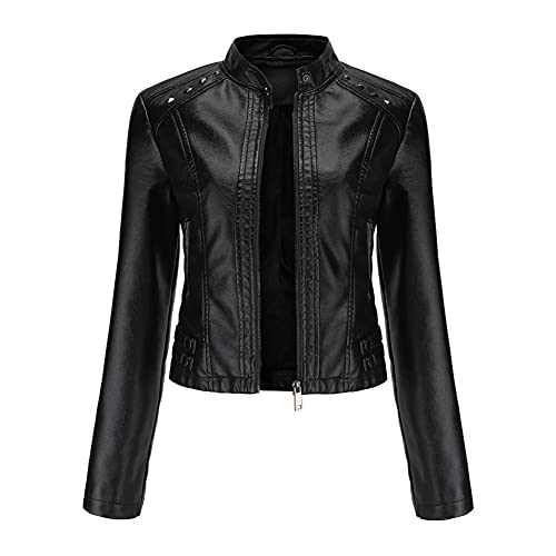 YYNUDA Damen Lederjacke Kurz Bikerjacke Stehkragen Reißverschluss Leder Jacke Übergangsjacke für Herbst Frühling（Schwarz S） von YYNUDA