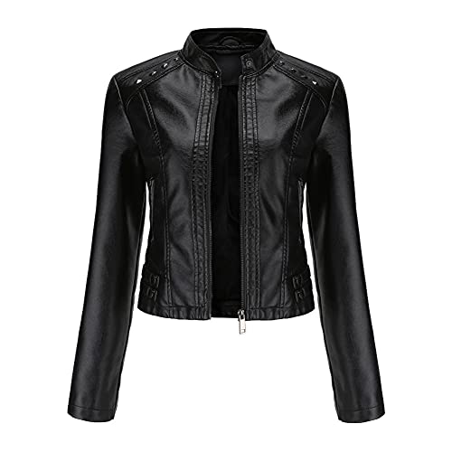 YYNUDA Damen Lederjacke Kurz Bikerjacke Stehkragen Reißverschluss Leder Jacke Übergangsjacke für Herbst Frühling（Schwarz XL） von YYNUDA