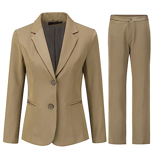 YYNUDA Hosenanzüge für Damen Fallendes Revers Zwei Einreiher Slim Elegant Taillierter Business Hosenanzug（Braun XL） von YYNUDA